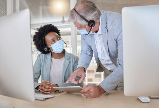 Covid, Black Woman And Man With Tablet At Call Center With Mask Coaching And Helping At Help Desk. Compliance, Consulting And Opinion, Crm Data For Medical Advisory Agency With Diversity And Support.