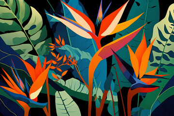 A Stunning Pattern of Strelitzia and Tropical Leaves, Generative AI