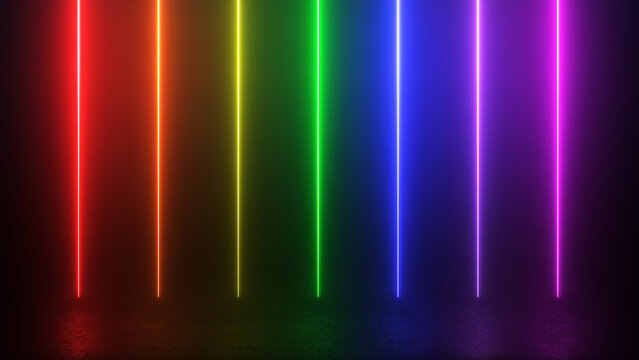 3d rendering neon glowing vertical laser lines, abstract rainbow background
