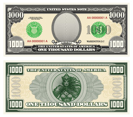 Vector gray banknote obverse and green reverse. Denomination one thousand US dollars. Empty oval, queen and guilloche frame. American paper fiction money.