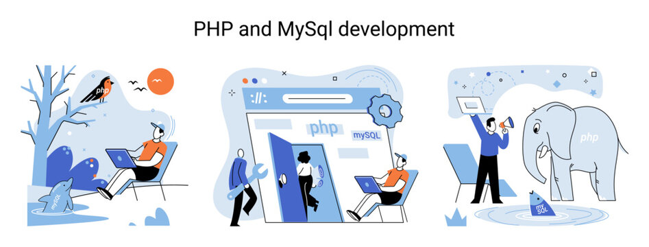 PHP and MYsql development vector set. Database management system. Popular open source general purpose programming language. Concept programmer, coding, programming, website and application development