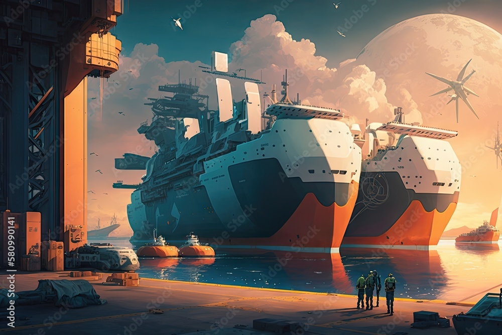 Sticker large cargo ships at berth in futuristic cargo port of future, created with generative ai