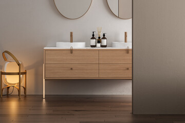 Bathroom cabinet with double white sink in bright bathroom, white wall, parquet floor, mock up, light. 3d rendering