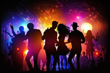 Fototapeta premium Euphoric celebration of life with partygoers in a vibrant nightclub on dark background. Generative AI