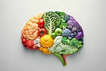 Brain made out of fruits and vegetables isolated on white background. Generative AI