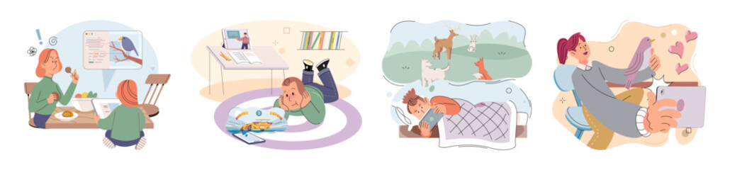 Children at home with phones and tablets set. Kids remote education, toddlers use smart technologies. Kids studying online, surfing social media, playing game, chatting by video call and use internet