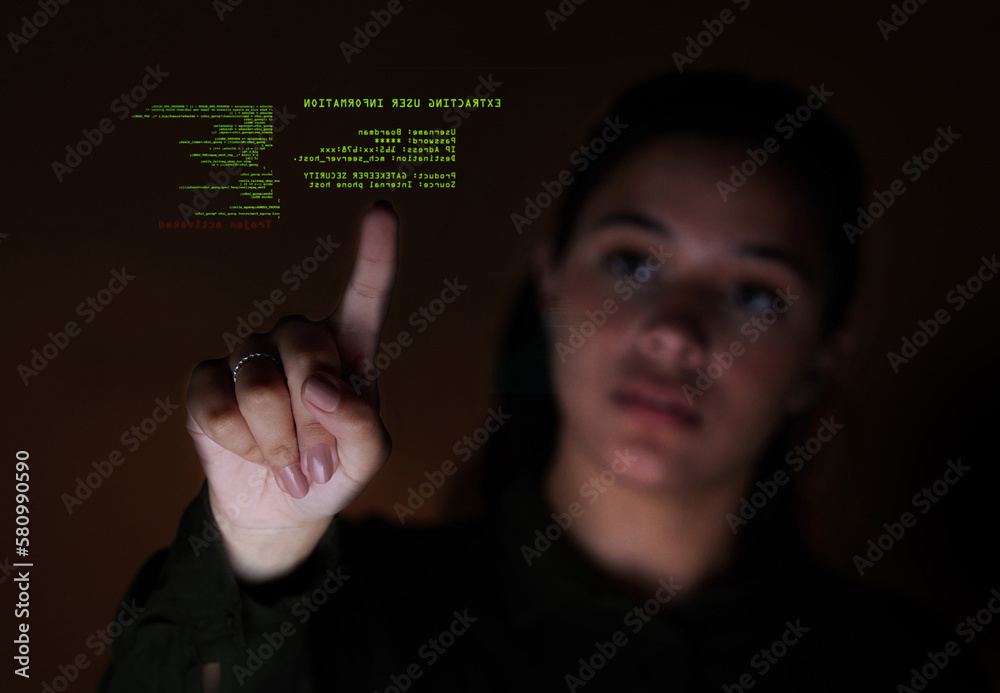Aufkleber Night, code and woman with programming, hologram and cyber security for protection, digital information and data analysis. Female programmer, coder and worker with holographic and future technology