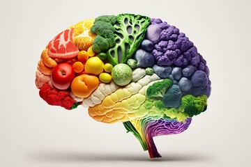 A brain made of fresh fruits and vegetables highlighted on a white background. Generative AI - obrazy, fototapety, plakaty