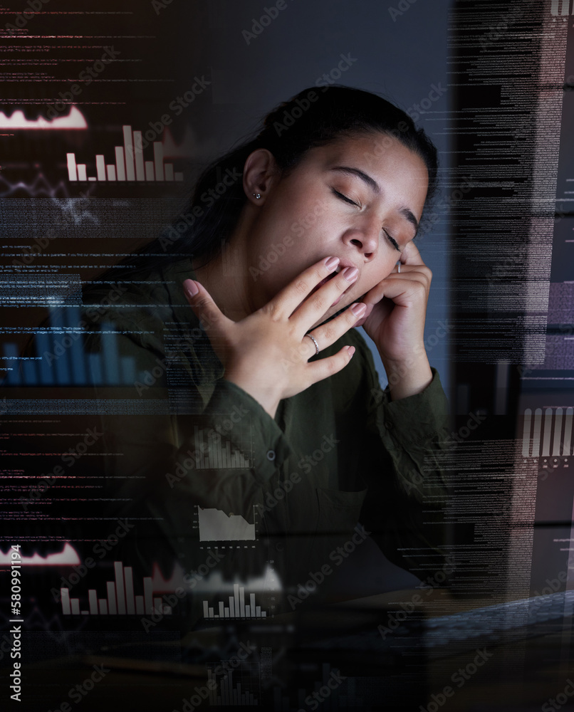 Leinwandbilder Yawn, digital hologram and woman at night in office for coding, programming and information technology. 3d screen overlay, networking and tired, exhausted and sleepy female worker on computer at desk