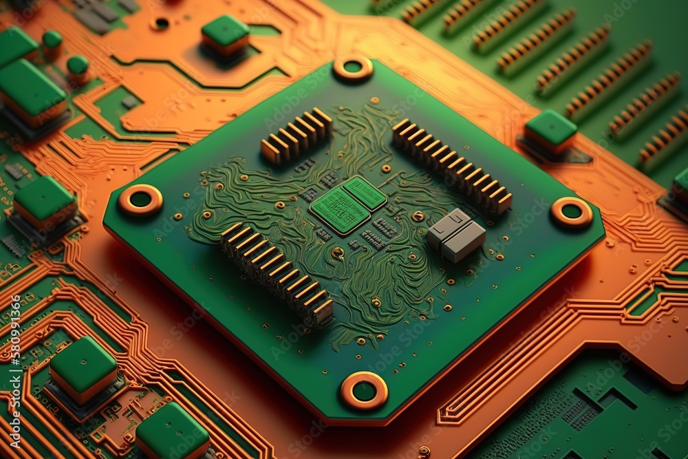Poster Abstraction of a printed circuit board, technological background.Generative AI