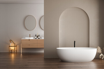 Fototapeta na wymiar Bright bathroom interior with double sink and mirror, carpet on hardwood floor, bathtub, plants. Bathing accessories and modern furniture. 3D rendering