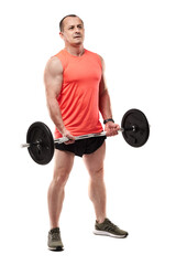 Mature man doing fitness workout with barbell