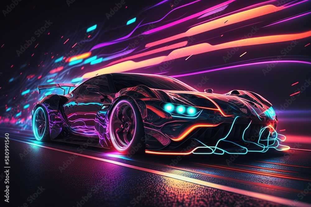 Poster a modern car at speed with neon lighting.generative ai