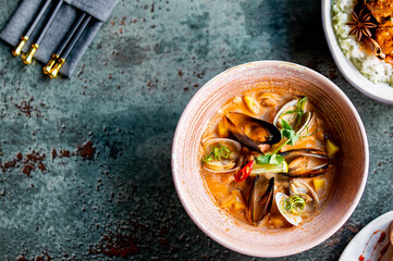 bowl of hot and delicious seafood soup - obrazy, fototapety, plakaty