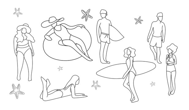 Summer collection of hand drawn people on the beach. Vector illustrations in sketch doodle style.