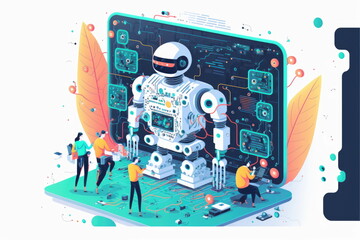 Science robot building technology vector illustration, engineers programming bot, Made by AI,Artificial intelligence