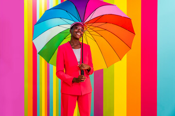 Beautiful african american young woman dancer having fun inside a rainbow box room - Cool and stylish black adult female portrait on colorful background, influencer creating content for social media