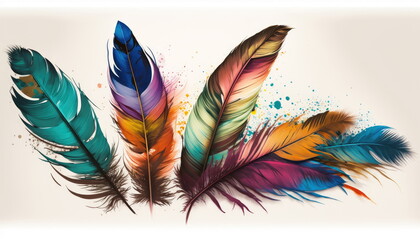 colorful feathers, white background