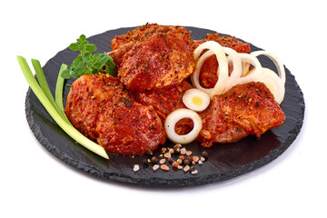 Raw pork skewers, ready to cook, kebab BBQ, isolated on white background.