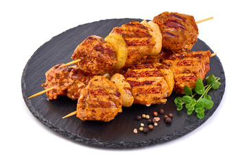 Roasted pork kebab BBQ, isolated on white background.