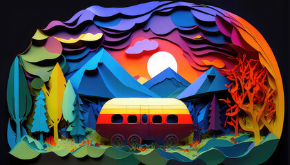 Papercut Adventure Night Camping Wagon Wheels Vivid Wildlife Intricate Design. Generative AI.