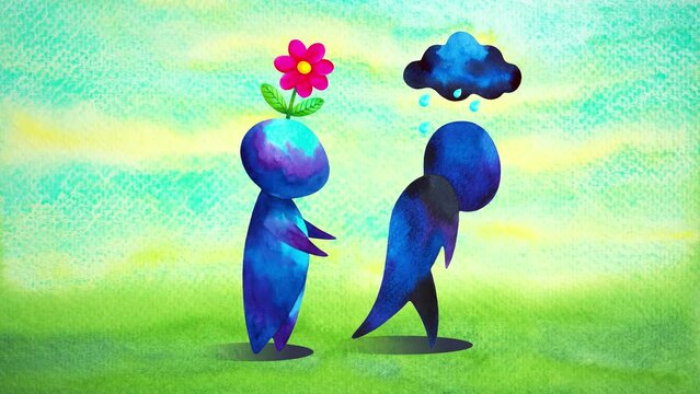 two sad human negative feeling meeting then happy together positive thinking growing emotion mind mental health spiritual art watercolor painting illustration digital collage stop motion 4k animation