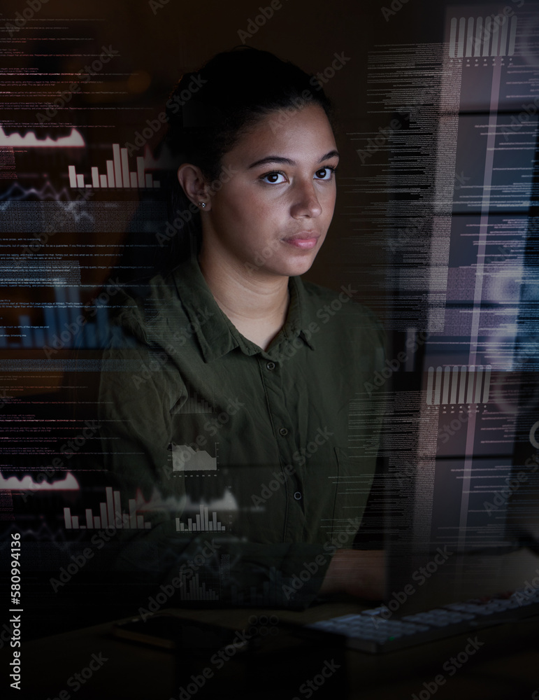 Poster graphs, digital hologram and woman on computer in office for finance analytics, fintech and online d