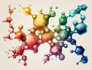 Colorful watercolor illustration of a molecule on a white background. Generative AI