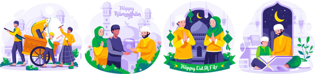 Illustration Set of Ramadan concept with Muslim People greeting and celebrating Ramadan Kareem and Eid Mubarak. Greeting Each other and apologizing. Giving Zakat Charity. Reading Quran