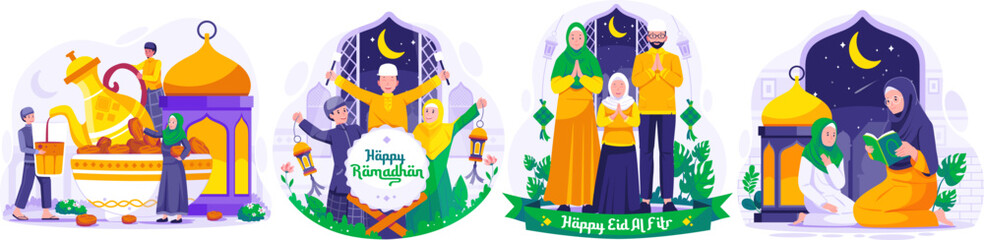 Illustration Set of Ramadan concept with Muslim People greeting and celebrating Ramadan Kareem and Eid Mubarak. Greeting Each other and apologizing. Iftar Party. Reading Quran