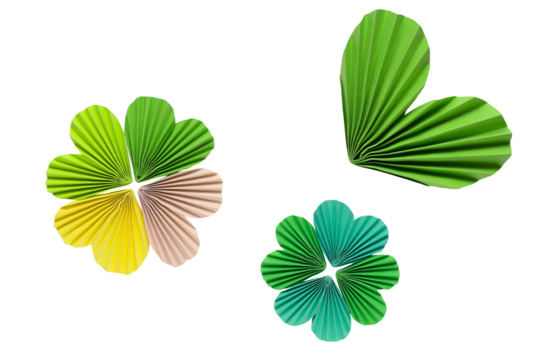 Paper accordion hearts and clover in green, yellow and beige colors on a transparent background. Spring inspiration and decoration for your collage, artwork. - Powered by Adobe
