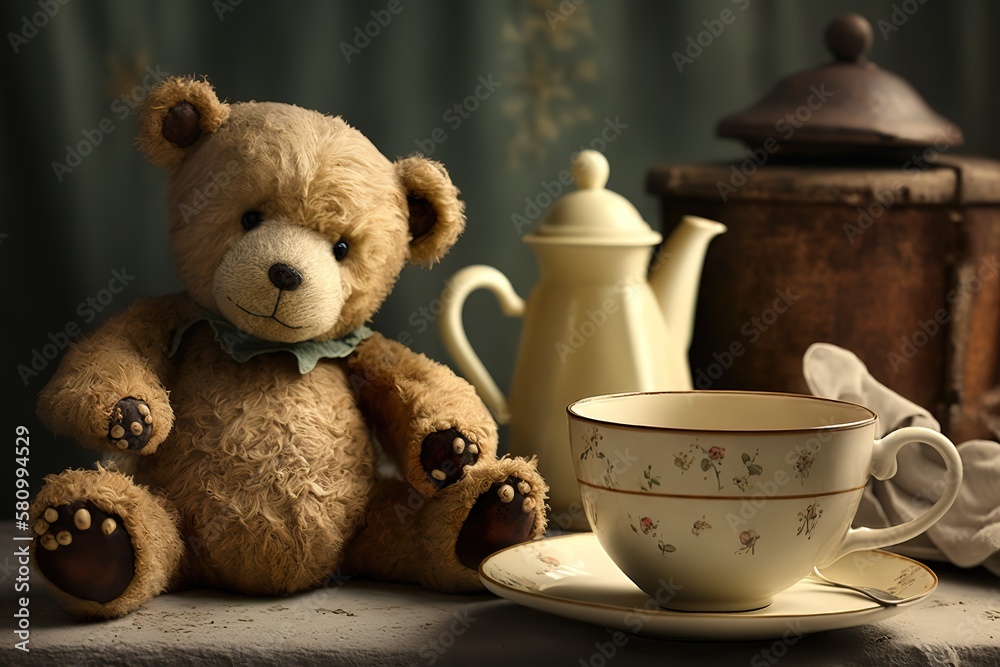 Poster teddy bear sits and drinks tea at the table. generative ai
