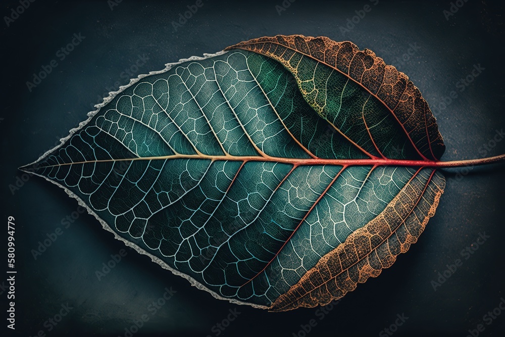 Poster a beautiful green leaf of a tree with orange spots and veins. generative ai