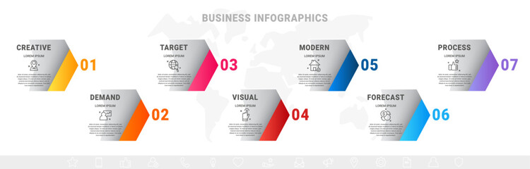 Vector arrows business infographics. Modern timeline template with seven options, steps, icons. Simple graphic flowchart template