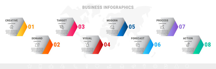 Vector arrows business infographics. Modern timeline template with eight options, steps, icons. Simple graphic flowchart template