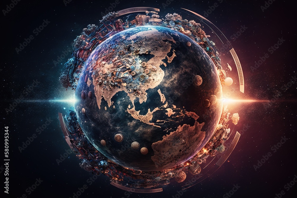 Poster An abstraction of a global worldwide telecommunications network with nodes connected all over the Earth.Generative AI
