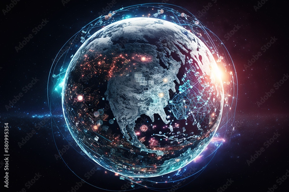 Poster An abstraction of a global worldwide telecommunications network with nodes connected all over the Earth.Generative AI