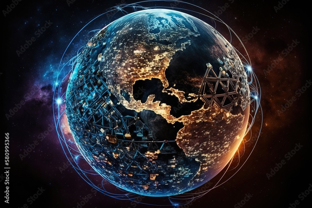 Poster An abstraction of a global worldwide telecommunications network with nodes connected all over the Earth.Generative AI