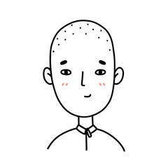 Cute portrait of young boy isolated on white background. Cartoon character. Vector hand-drawn illustration in doodle style. Perfect for social media, avatars, logo, various designs.