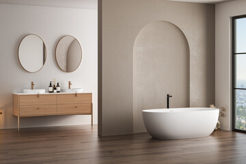 Fototapeta na wymiar Bright bathroom interior with double sink and mirror, carpet on hardwood floor, bathtub, plants. Bathing accessories and modern furniture. 3D rendering