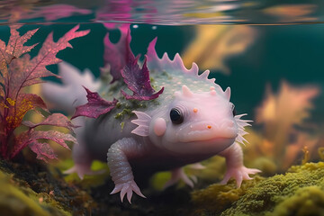 Stunning unusual amphibian,  Close up of an axolotl, Generative AI