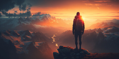 Obraz premium Hiker standing on top of mountain peak looking at view created with Generative AI