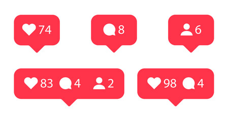 Social media notification flat icons set. Like, comment and follower buttons. - obrazy, fototapety, plakaty