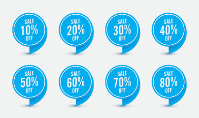 Sale tags vector badges template, up to 10, 20, 90, 80, 30, 40, 50, 60, 70 percent off.