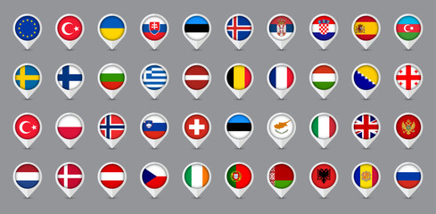 Location markers with flags of Europe countries. Vector illustration.