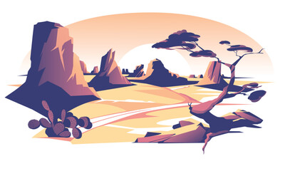 sunset stone and sand desert landscape. Rural panorama. Vector flat illustration