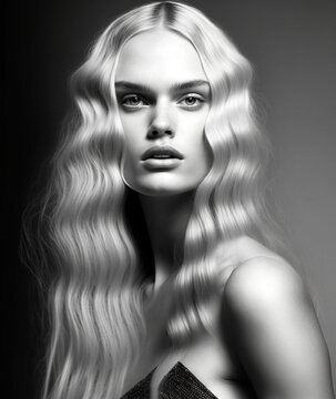 Portrait of young beautiful and natural blonde woman with wavy hairstyle. Digitally AI generated image.