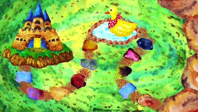 fun board game duck castle leisure play dice rolling map icon cartoon children family watercolor painting boardgame art illustration design graphic background digital collage stop motion 4k animation