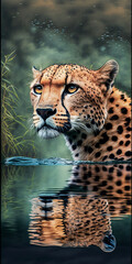 Close Look Of  Cheetah Swimming In Lake Generative Ai Digital Illustration Part#130323
