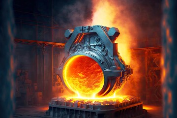 large working metal melting furnace in factory of aluminum industry, created with generative ai